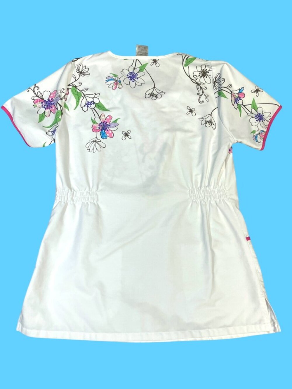 Disney Minnie Mouse White Floral Scrub Top W/ Pockets S 65% Polyester 35% Cotton - Picture 9 of 10